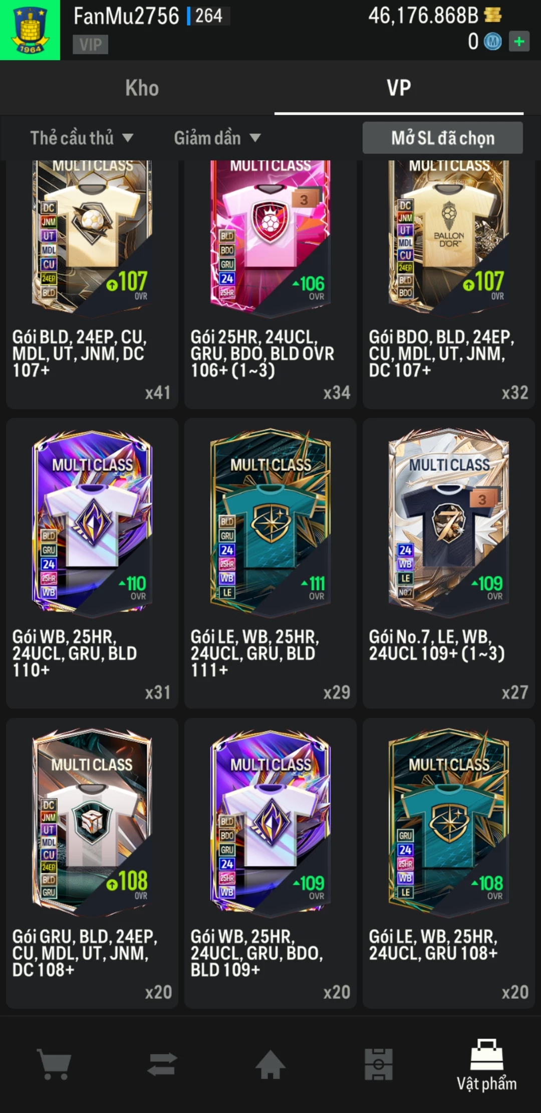 Ảnh ACC mở thẻ (LOẠI SVIP PROMAX) bao gồm có thẻ +12, thẻ Prime (có QH, CP, XS) và 1500+ đến 2000+ thẻ cầu thủ từ Siêu sao đến Miền núi các loại khác. Có sẵn BP trắng trong acc từ 40.000 tỷ BP đến 46.000 tỷ BP kèm theo nhiều ngày SVIP